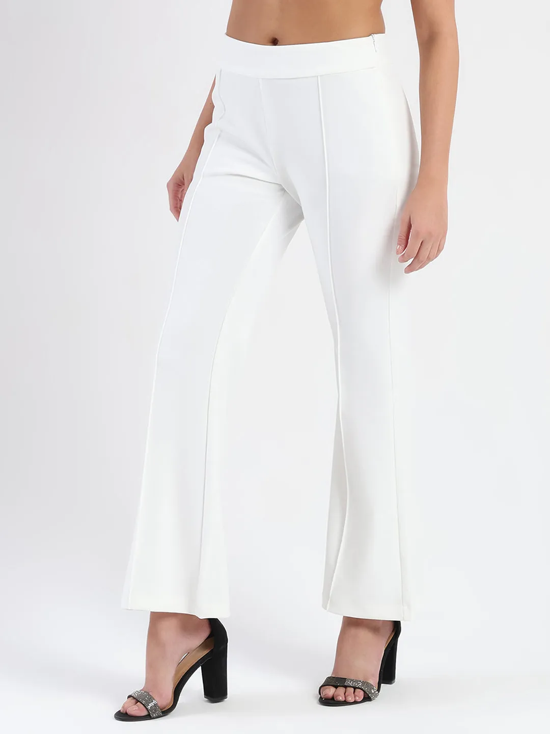 Madame Side Zipper Flared White Knitted Moss Trousers Comfy Wardrobe
