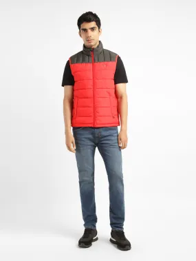Men's Solid Red Mandarin Collar Quilted Jacket CompactFoldable Bonded Seam Construction