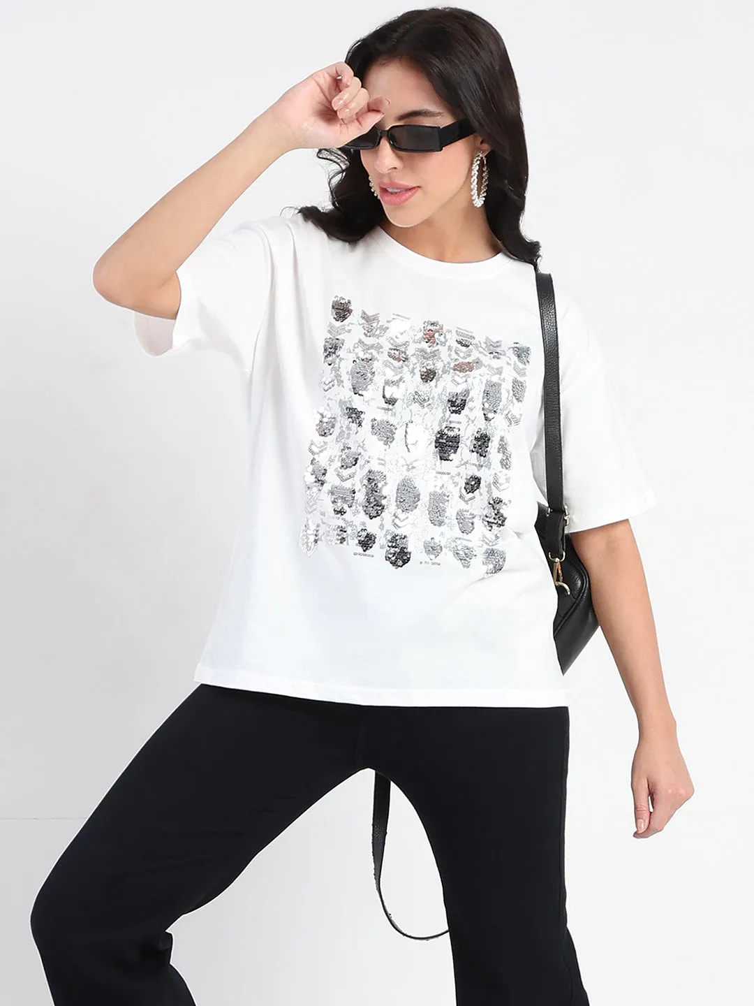 Chic Fit Madame Front Embellished Solid White Cotton T-shirt
