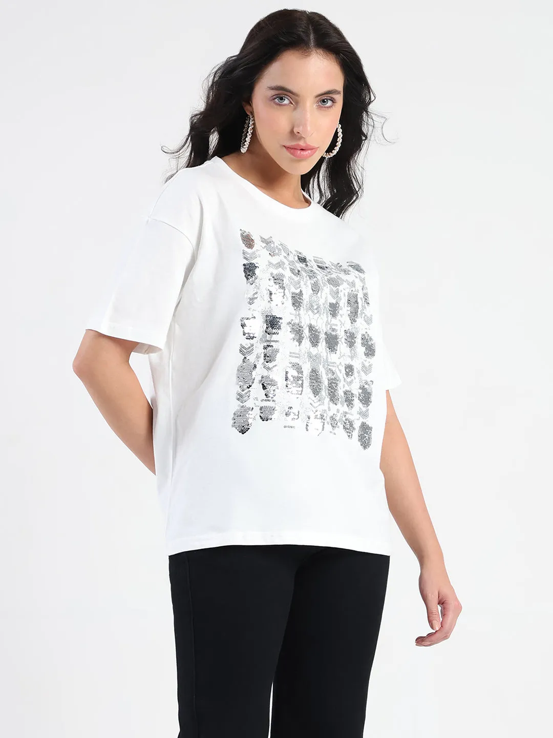 Madame Front Embellished Solid White Cotton T-shirt cyber monday