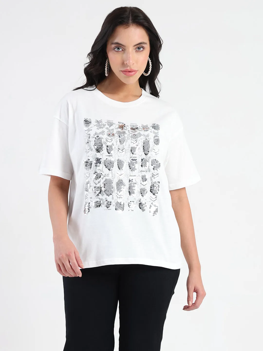 Fashionable Wear Madame Front Embellished Solid White Cotton T-shirt