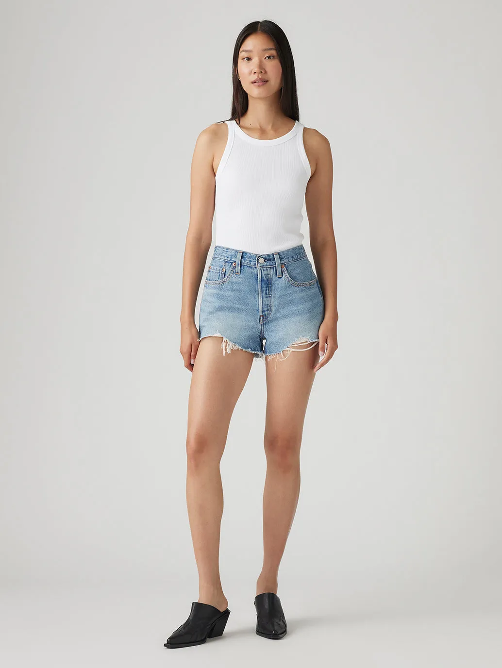 Women's 501 Mid Rise Blue Straight Fit Shorts Durable Waistband