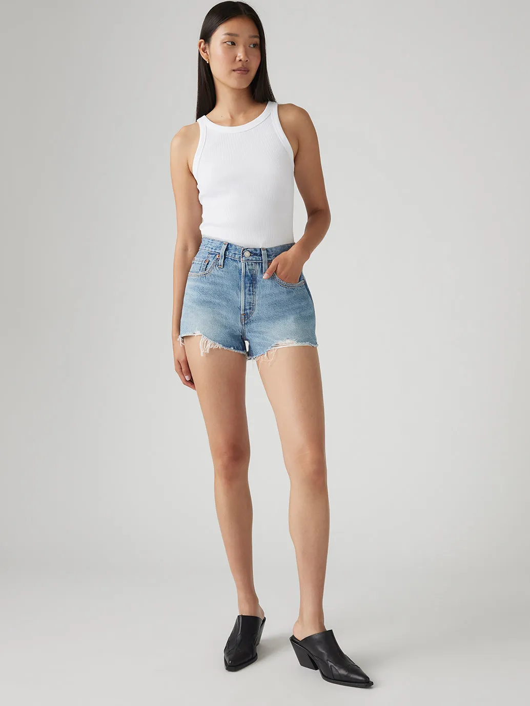 Women's 501 Mid Rise Blue Straight Fit Shorts Easy Stretch