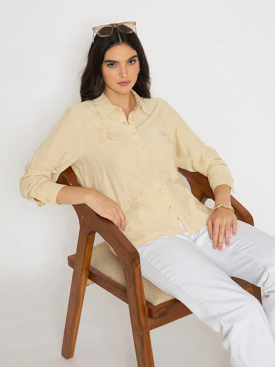 Vibrant Colors Madame Embellished Beige Rayon Blend Shirt
