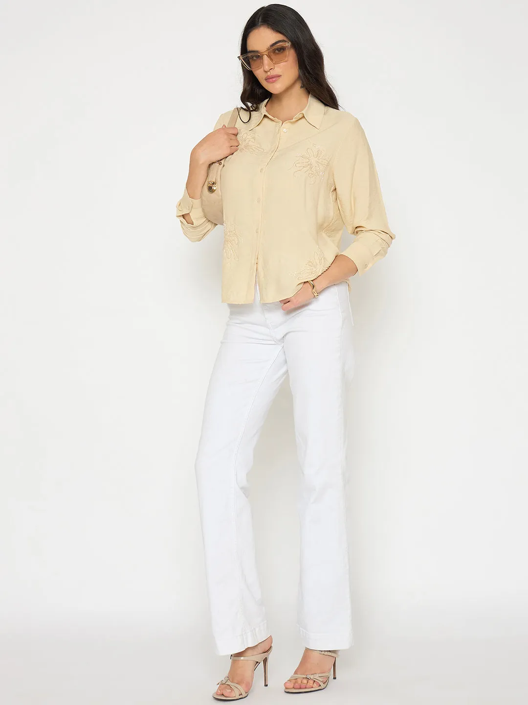 Sheer Panel Madame Embellished Beige Rayon Blend Shirt