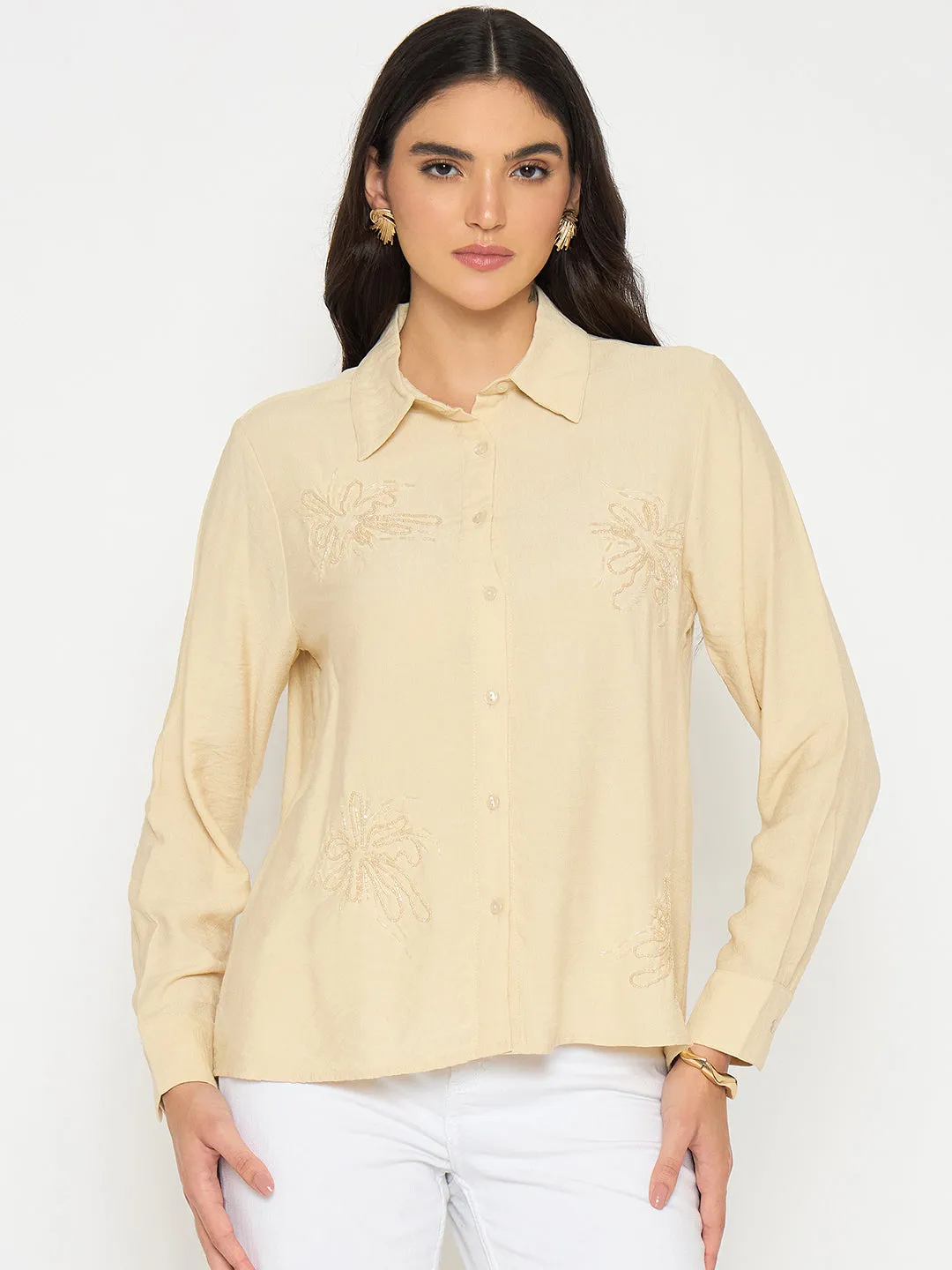 Madame Embellished Beige Rayon Blend Shirt Non Restrictive Armhole