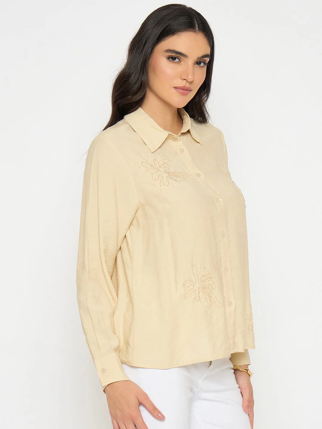 Madame Embellished Beige Rayon Blend Shirt Soft Feel Anniversary Celebration