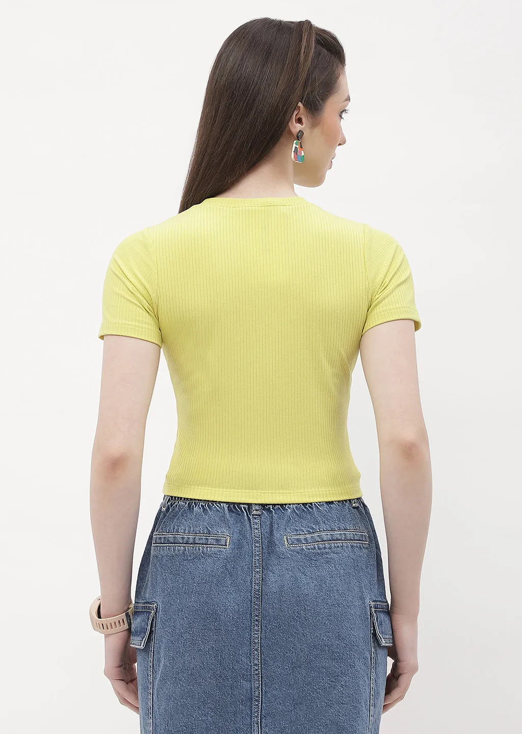 Beaded details Adjustable Hem Madame Typography Lemon Yellow Crop T-Shirt