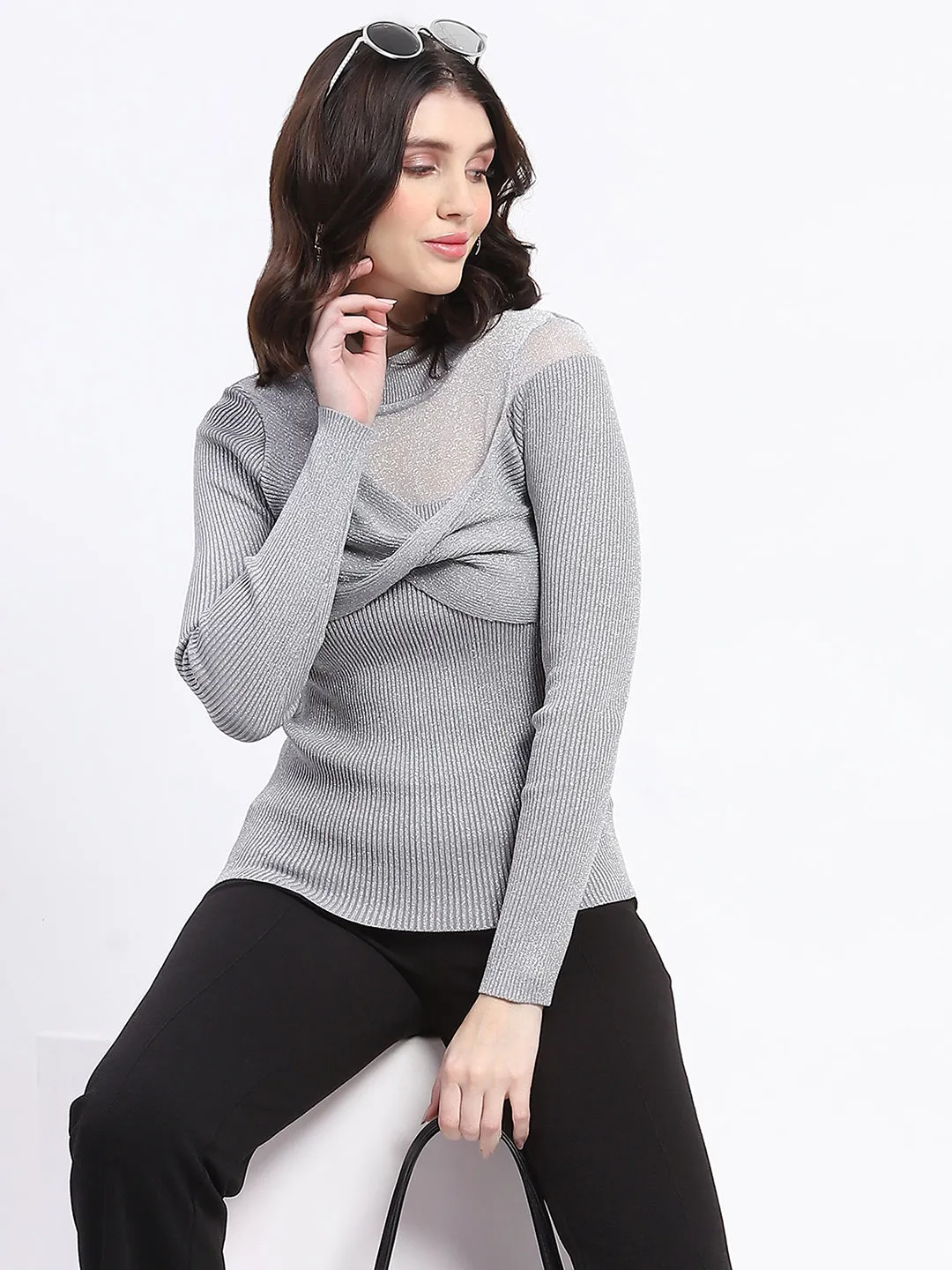 Madame Shimmery Mock Neck Wrap Grey Sweater Outdoor Vibe
