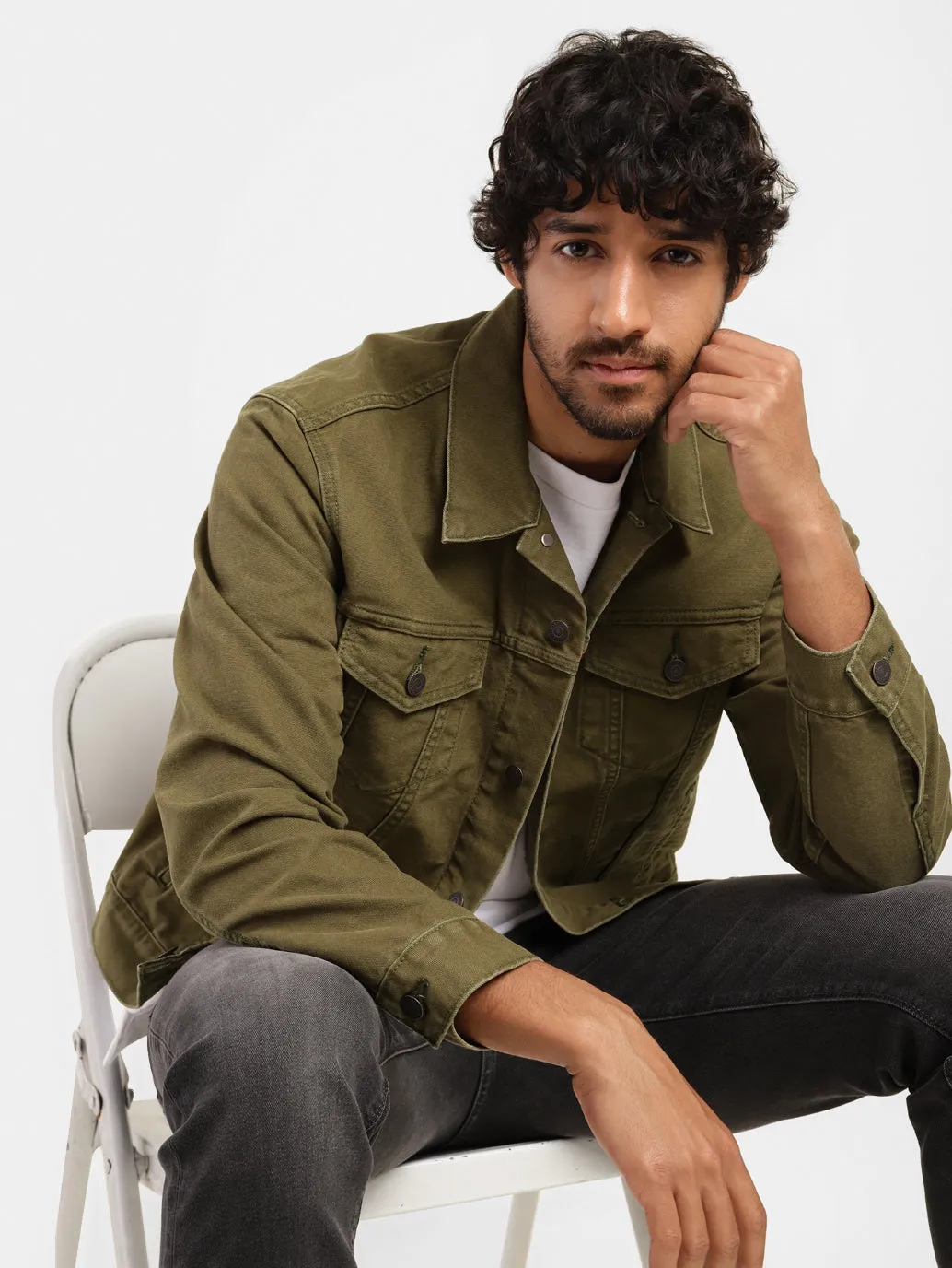 Men's Solid Spread Collar Jacket Windproof Material