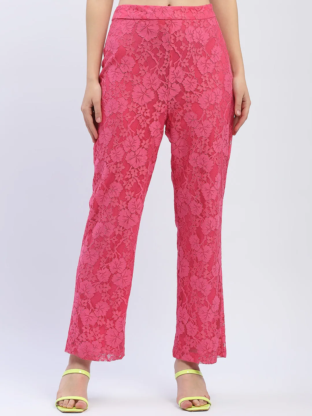 Madame Pink Floral Lace Fabric Trouser Wear Resistant Fabric Casual Edge