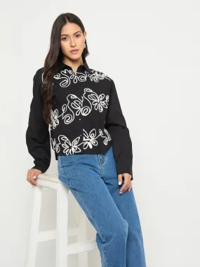 Madame Dori Embroidered Black Cotton Shirt Breathable Material
