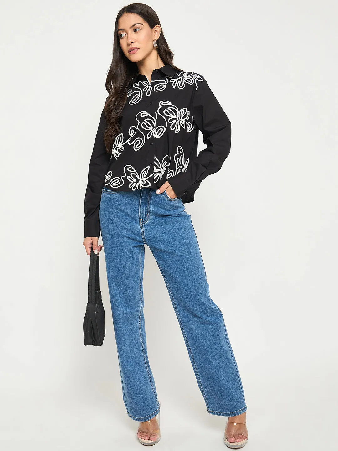 Madame Dori Embroidered Black Cotton Shirt Non Irritating Seams