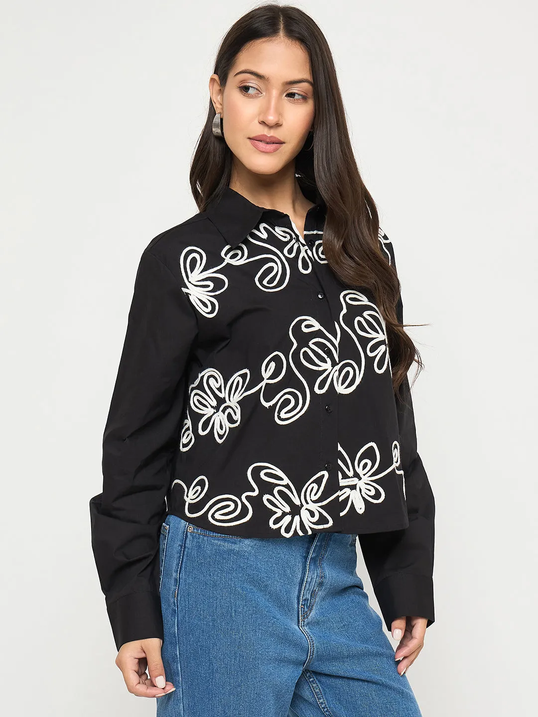 Easy Styling Madame Dori Embroidered Black Cotton Shirt