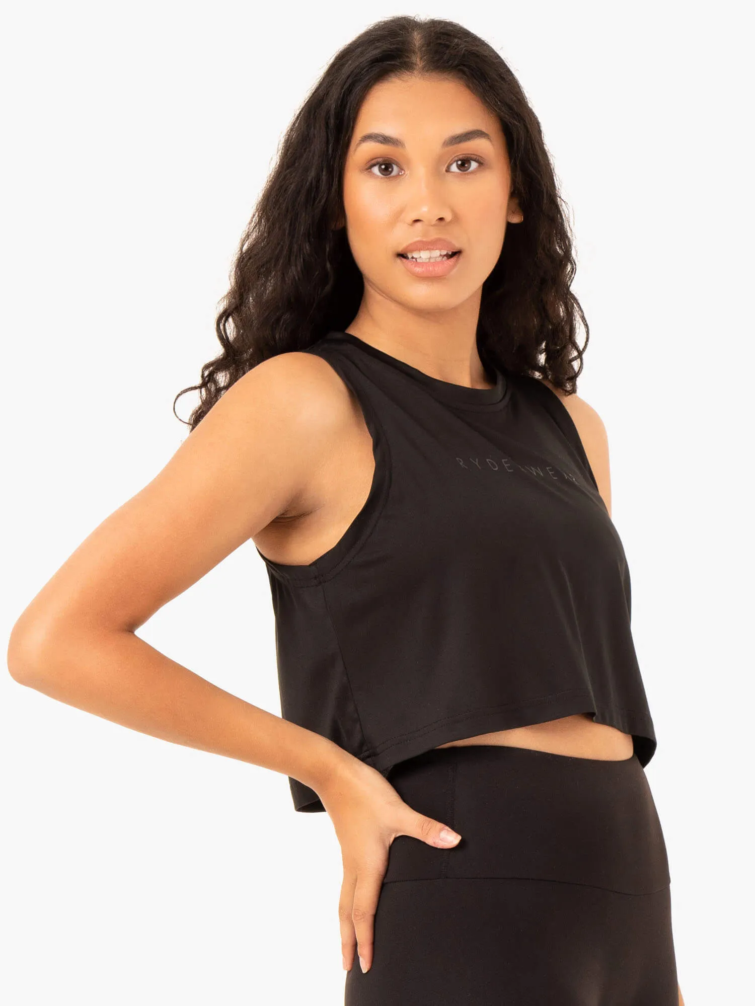 Ribbed Hem Hybrid Muscle Tank - Black