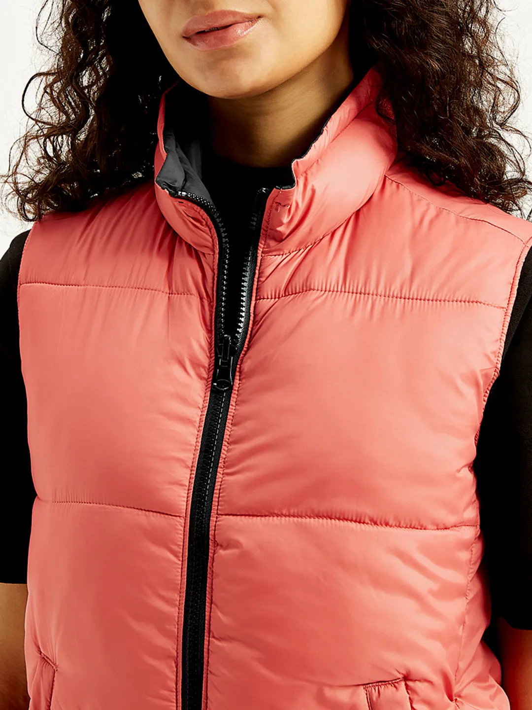 Reflective details anti static coating Women's Quilted Peach High Neck Puffer Jacket