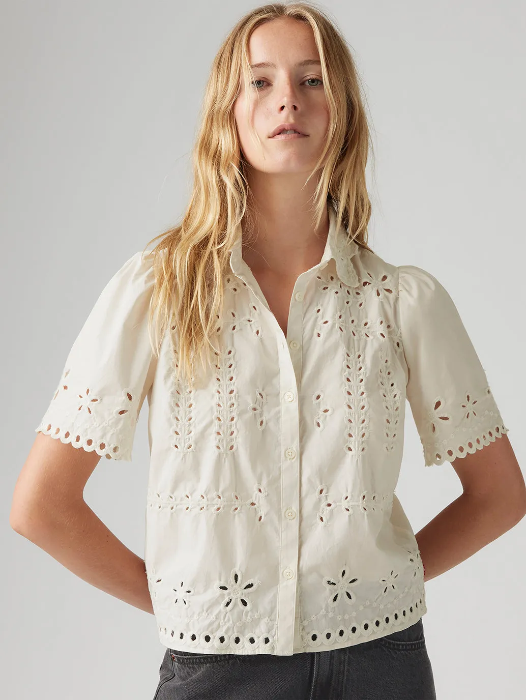 Women's Schiffli Spread Collar Shirt Wrinkle Resistant Finish handmade touch