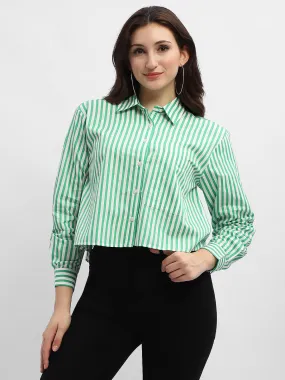 Madame Striped Green Regular Shirt Chic Ensemble