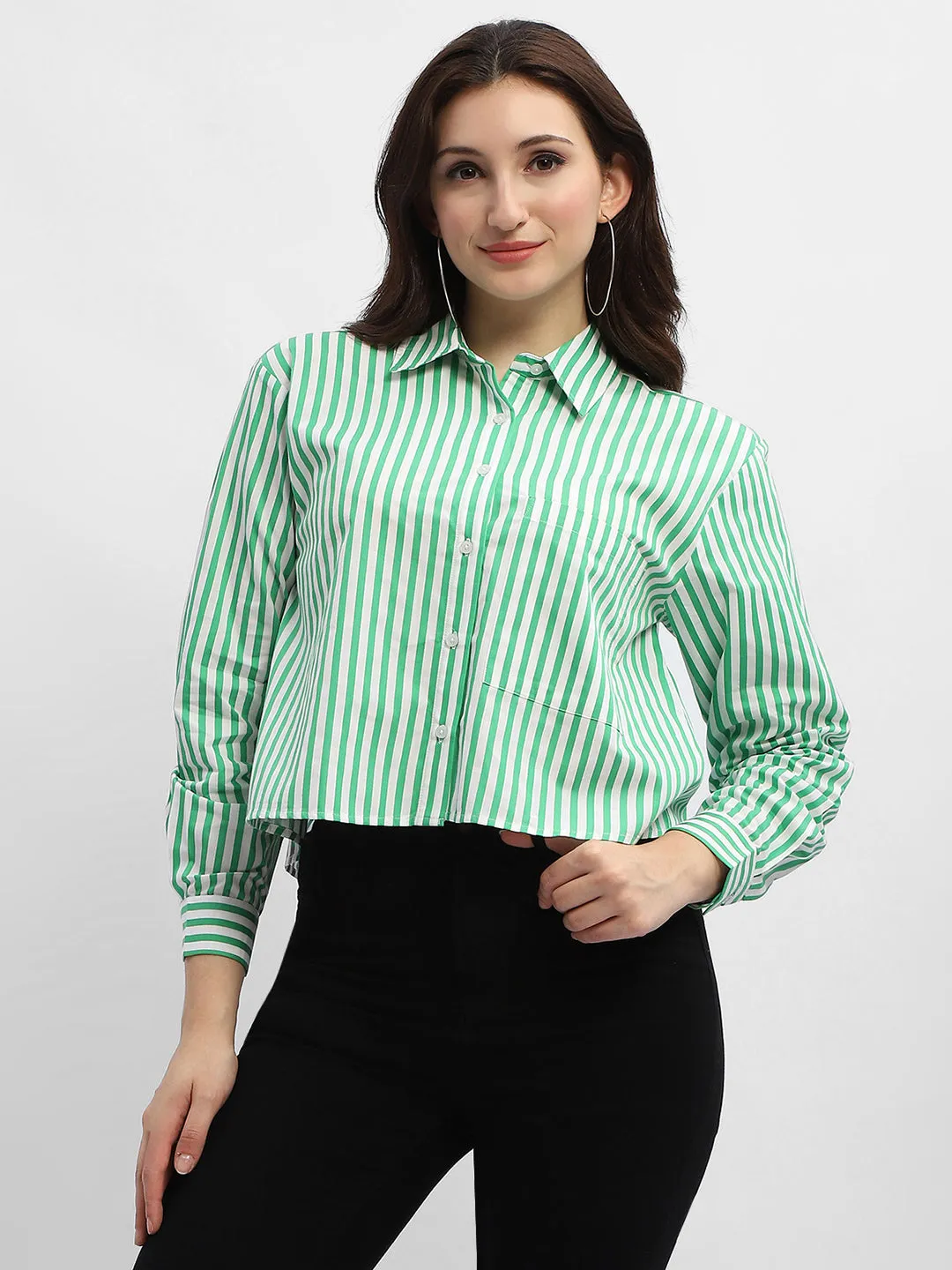 Madame Striped Green Regular Shirt Chic Ensemble