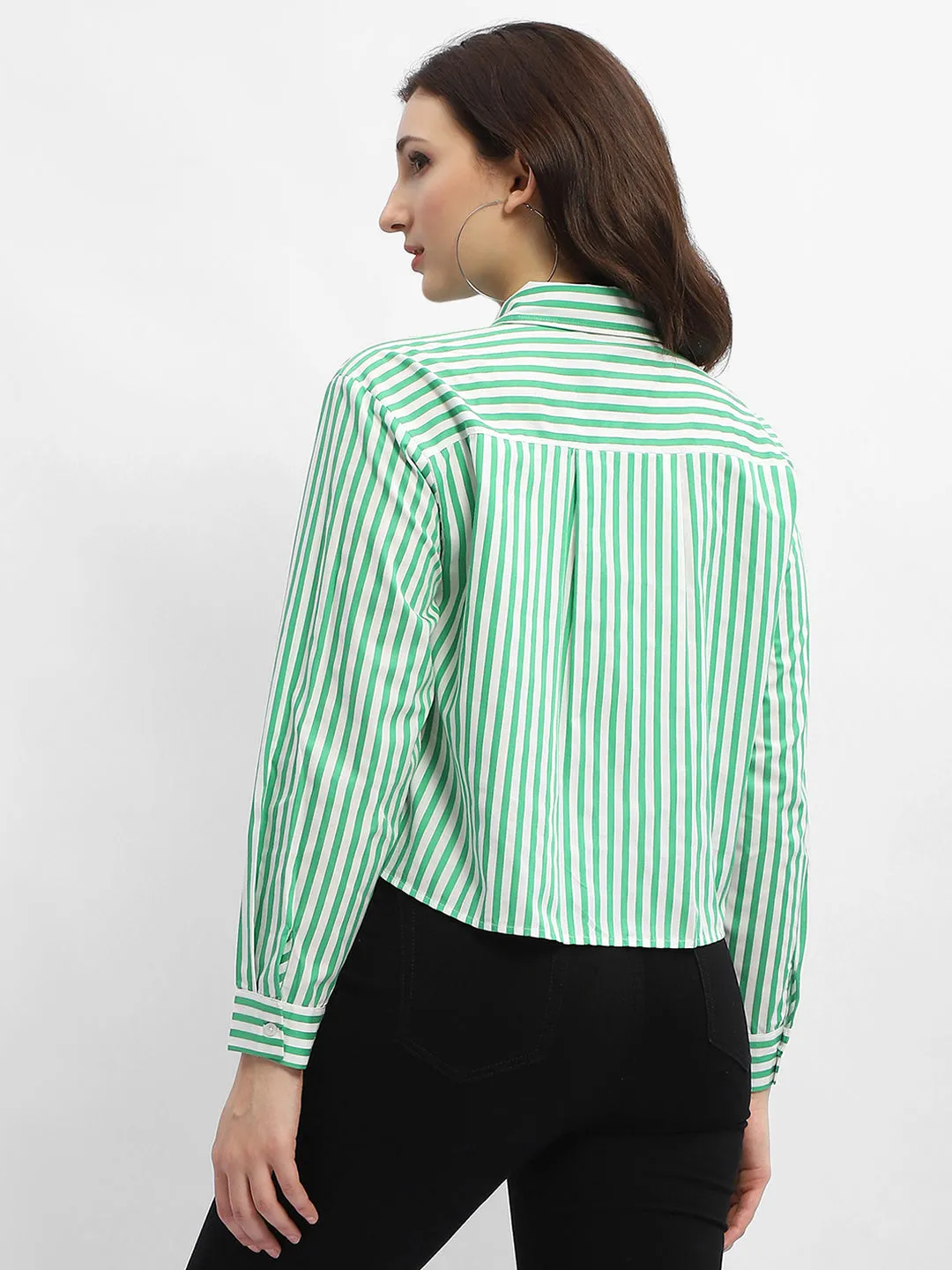 Madame Striped Green Regular Shirt high-low hem Sporty Layer
