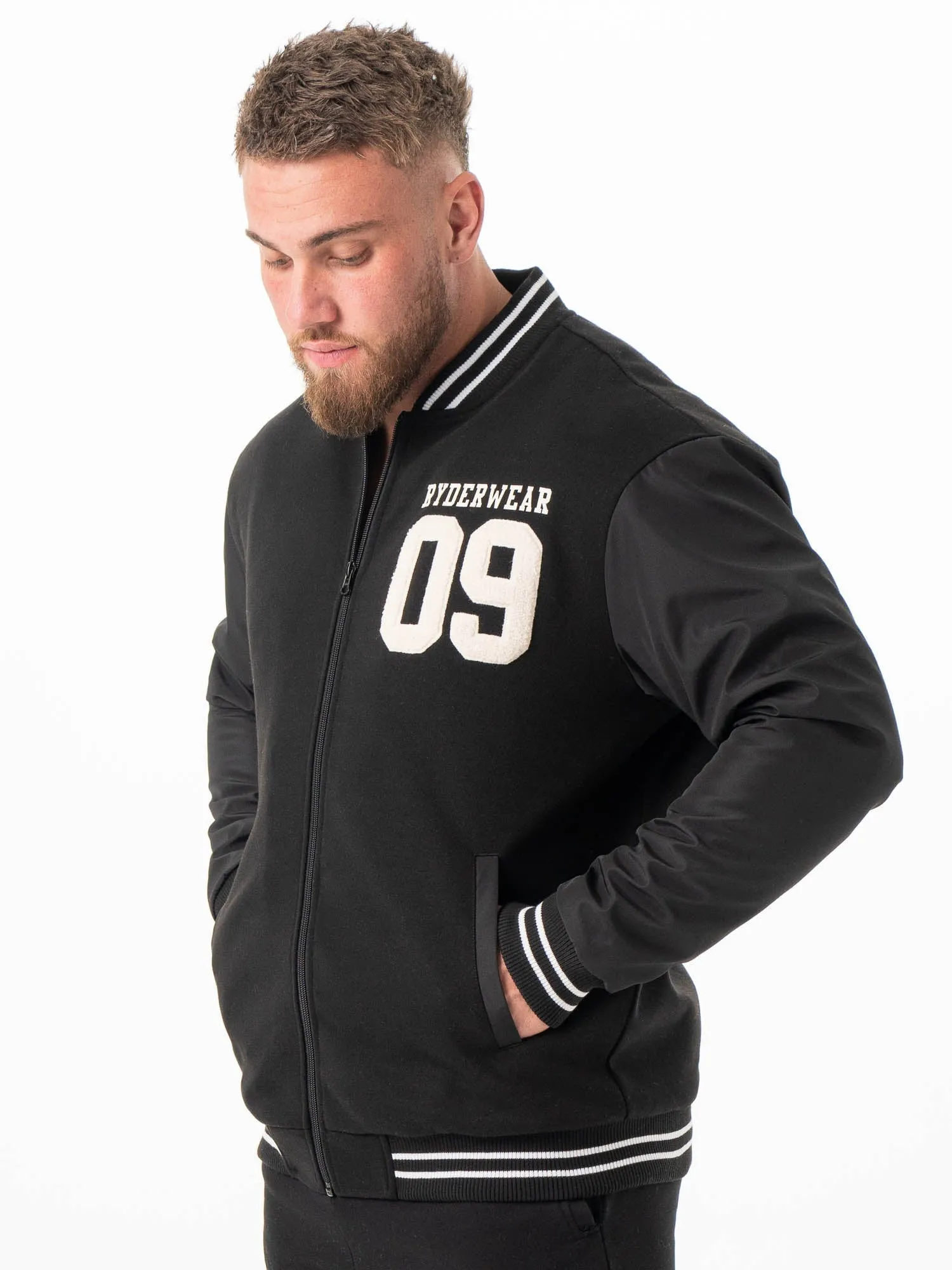 Basic Travel Fit Minimal Daily Fit Varsity Bomber Jacket - Black/Black