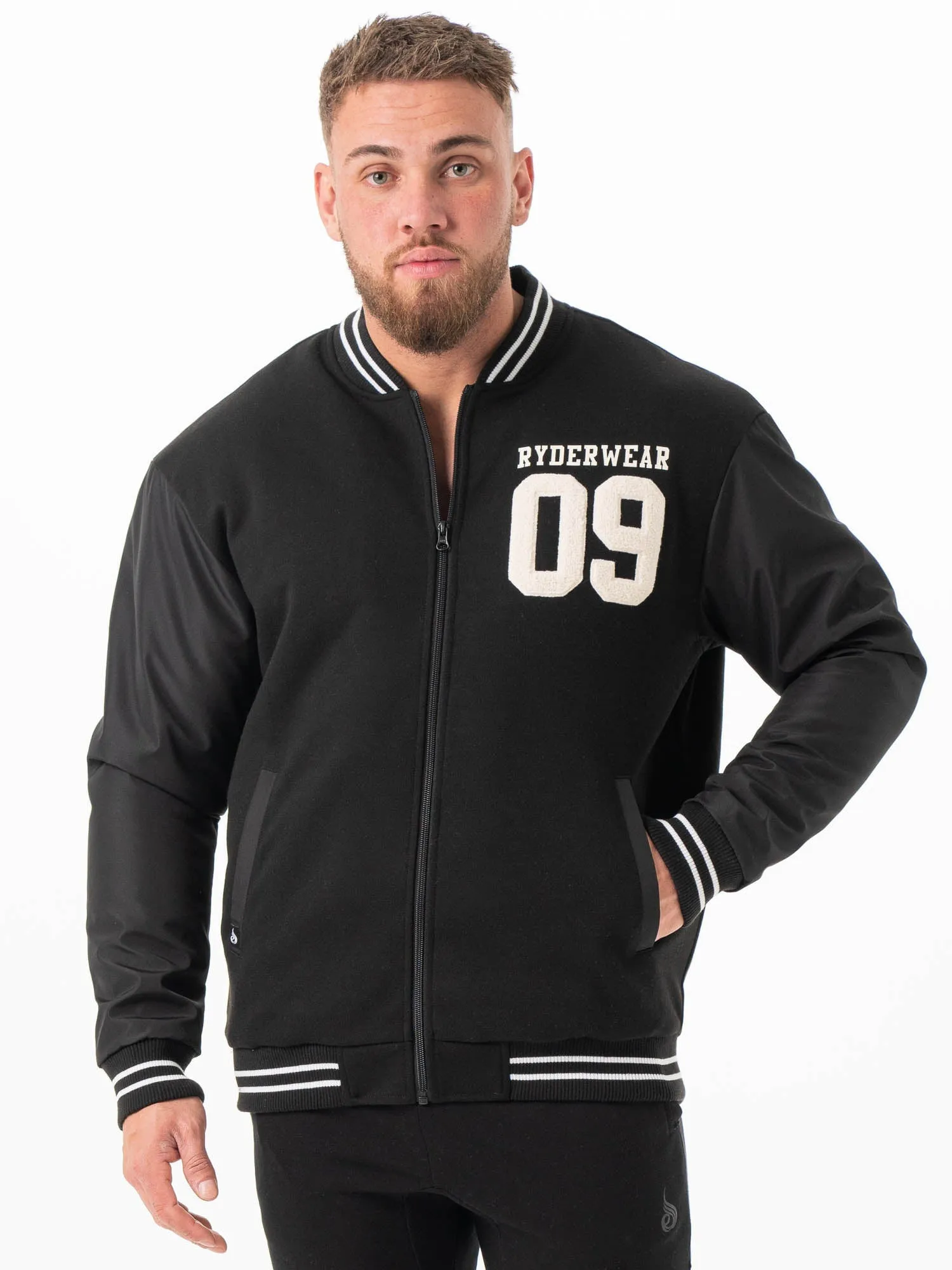 Windproof Thermal Shell Varsity Bomber Jacket - Black/Black