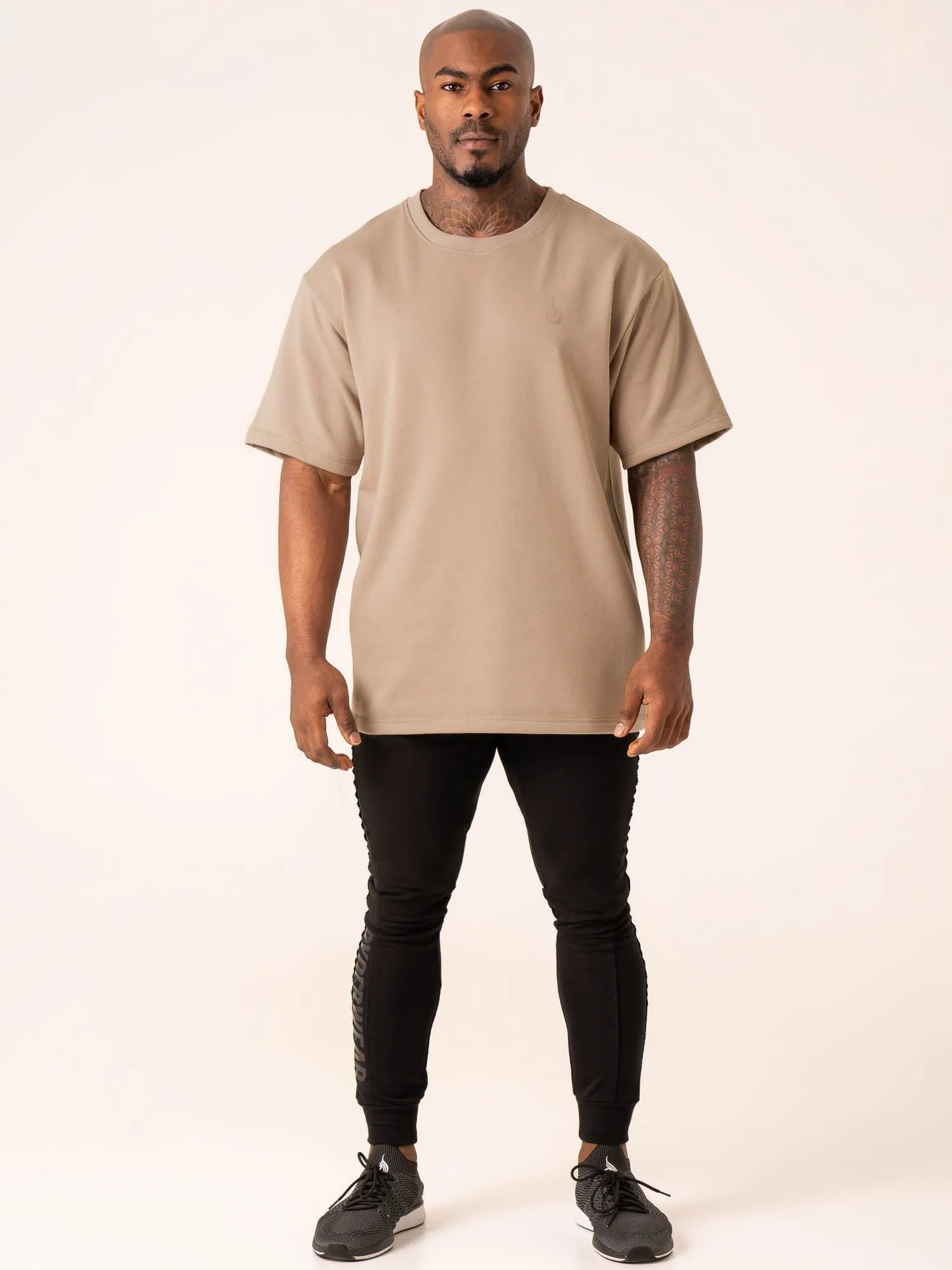 Lightweight Feel V neck Throwback Oversized Fleece T-Shirt - Sand
