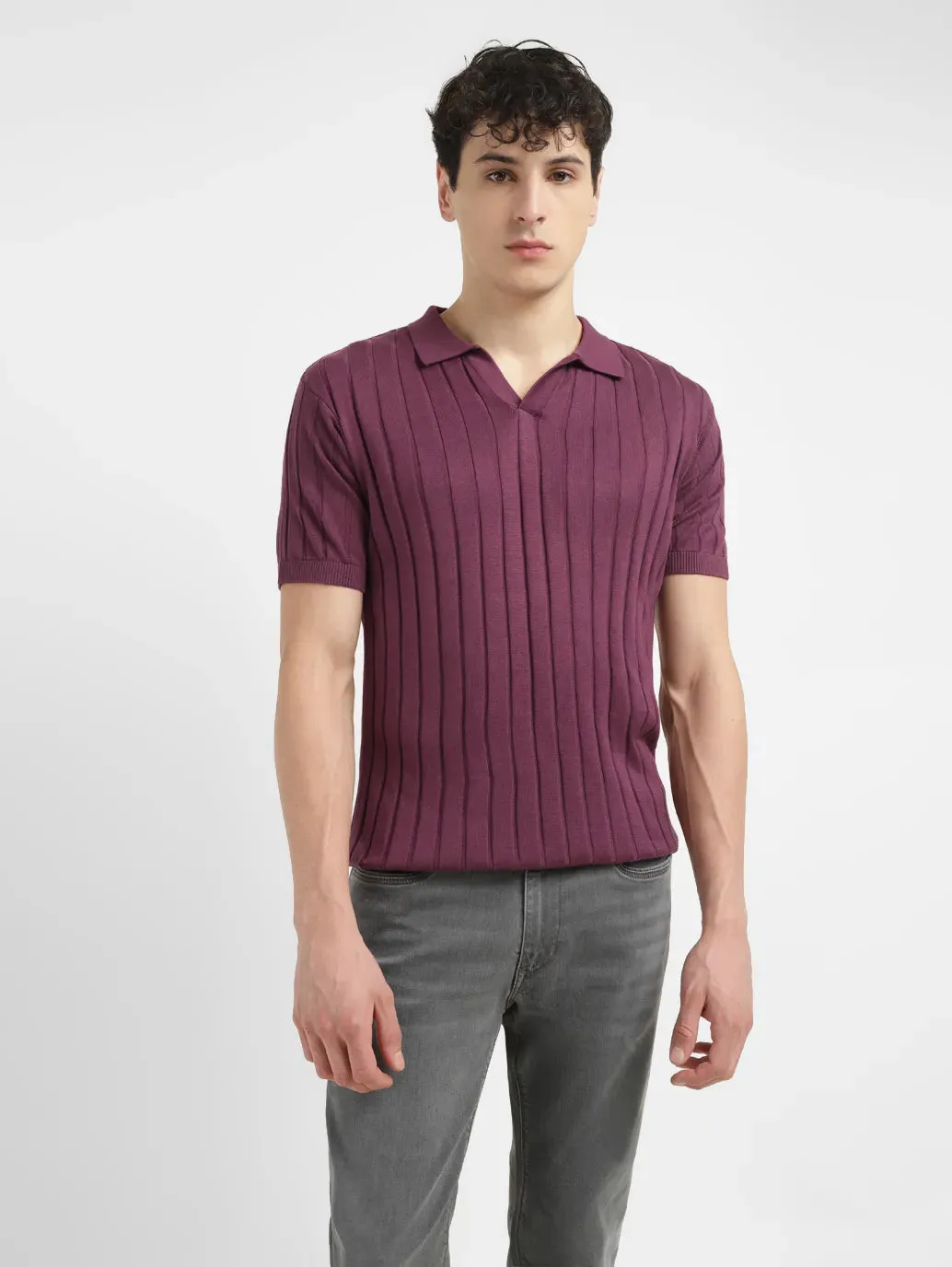 Stretch Fit Men's Redloop Striped Purple Polo Collar Sweater