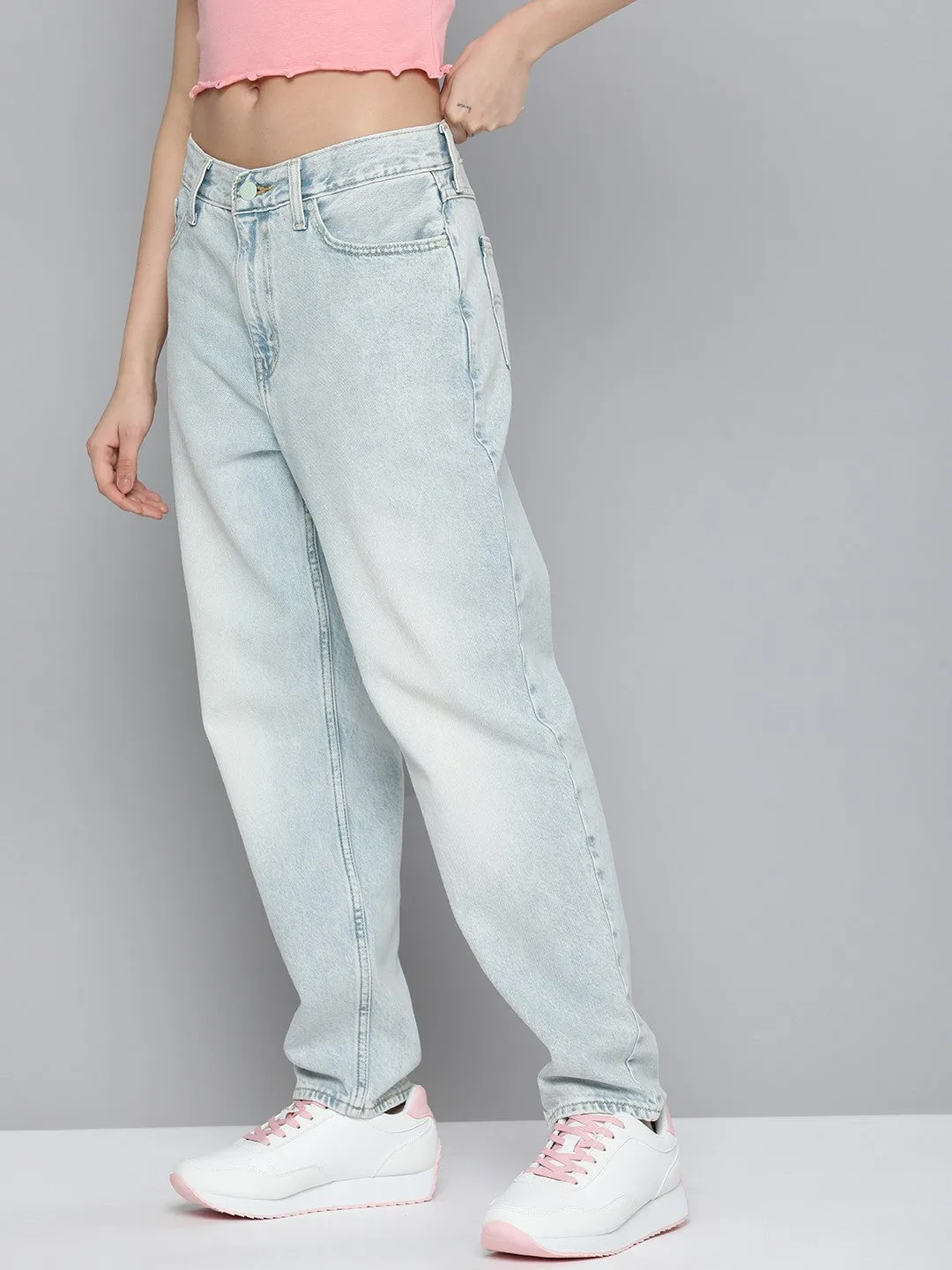 Trendy Waist Women's 80s Mom Blue Loose Fit High Rise Jeans