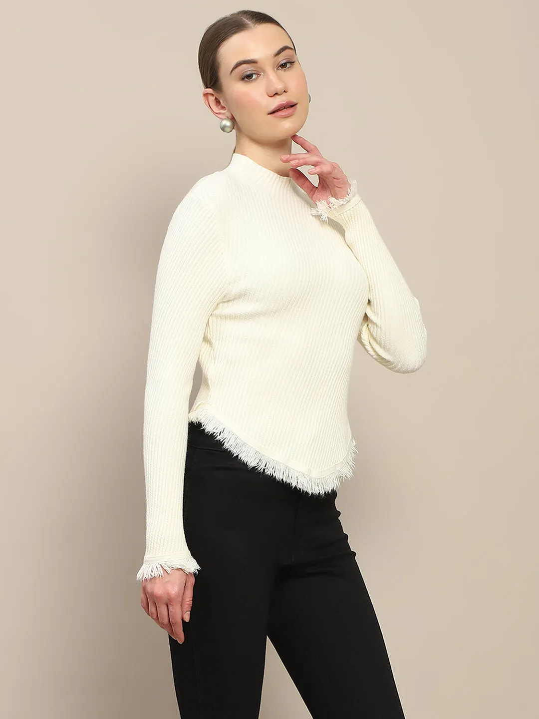 Madame Fur Cuffs and Hem Beige Sweater Sleek Wear Hypoallergenic Wool Mix