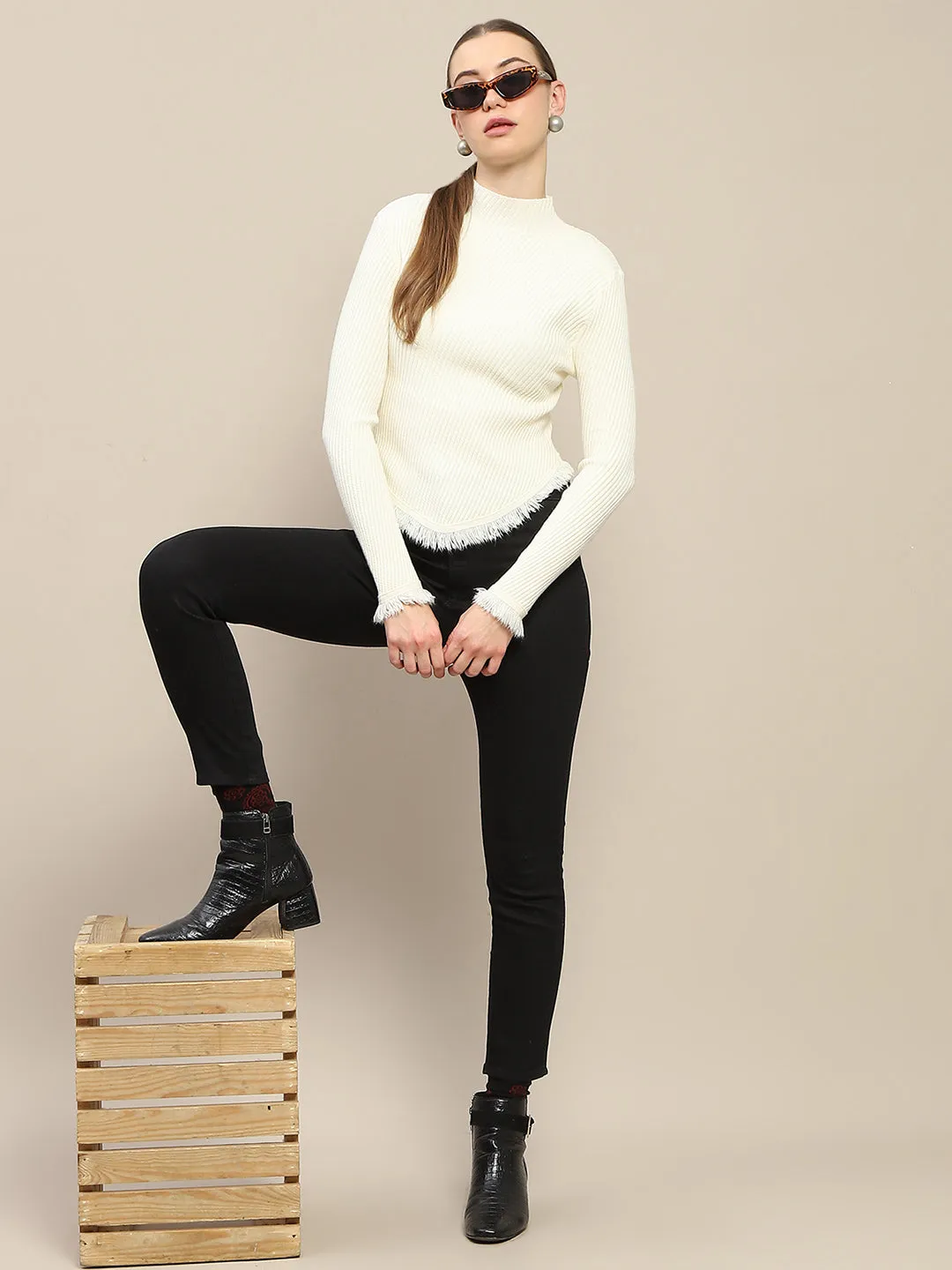 Madame Fur Cuffs and Hem Beige Sweater Cozy and Versatile