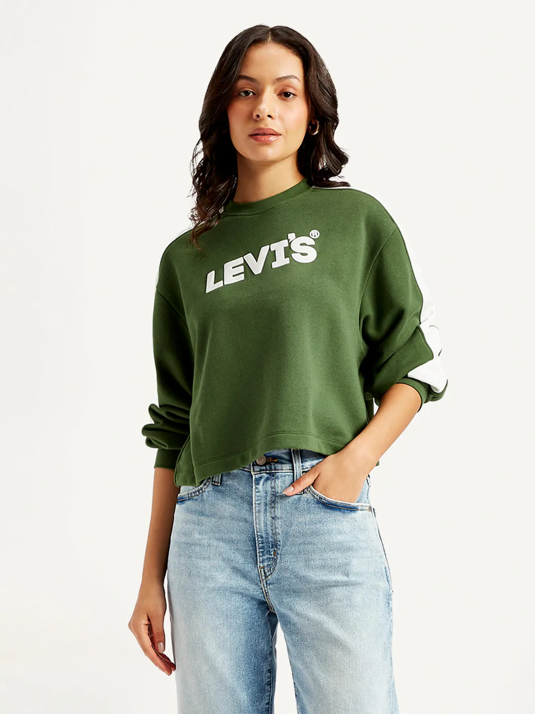 Sporty Fashion Festival Outfit Women's Brand Logo Olive Crew Neck Sweatshirt