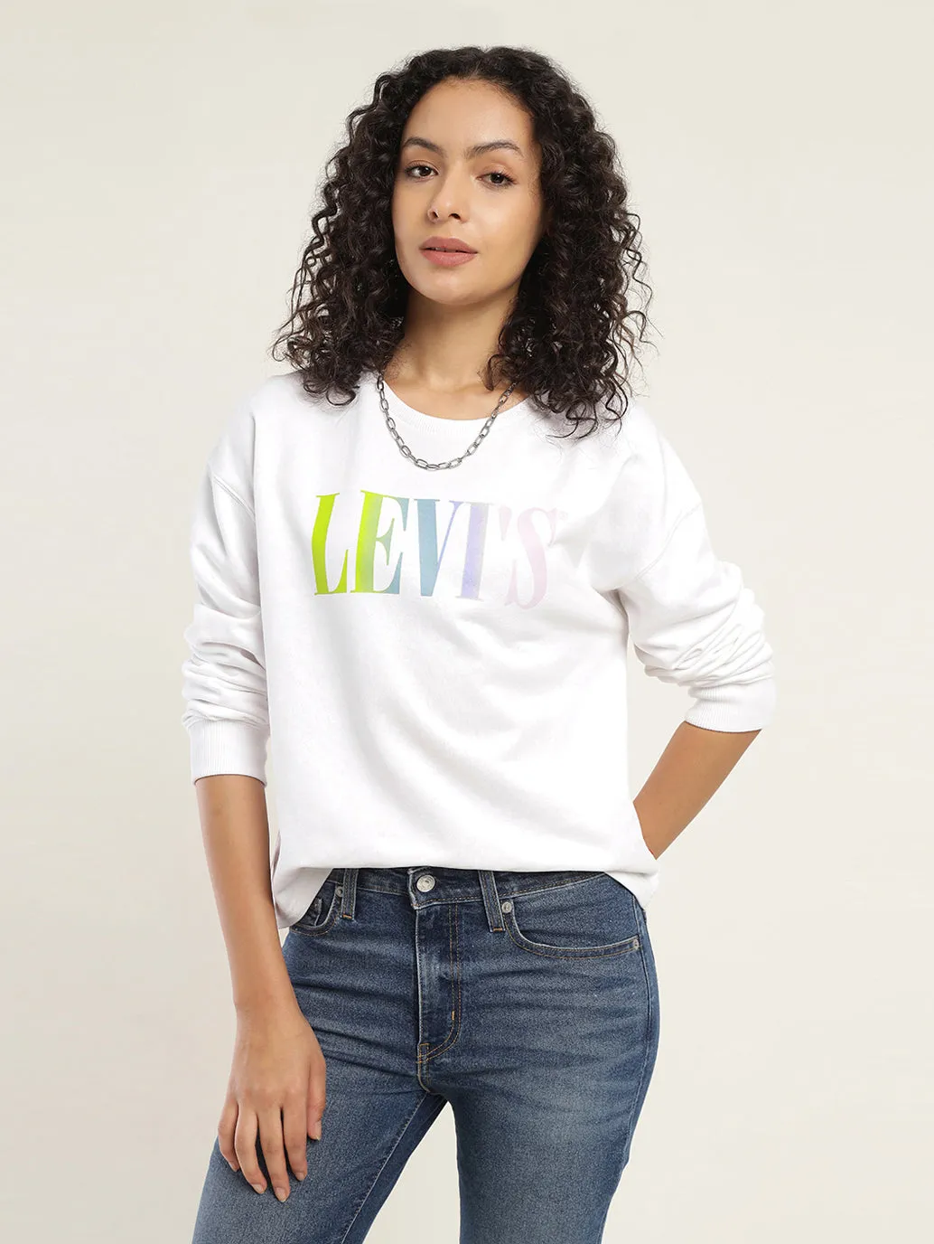 Women's Brand Logo White Crew Neck Sweatshirt Poolside Relax Rough texture
