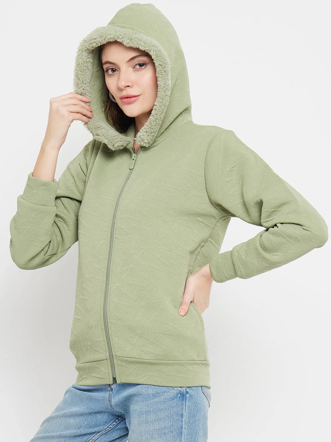 Madame Faux Fur Hood Applpe Green Sweatshirt Relaxed Style Concert Look