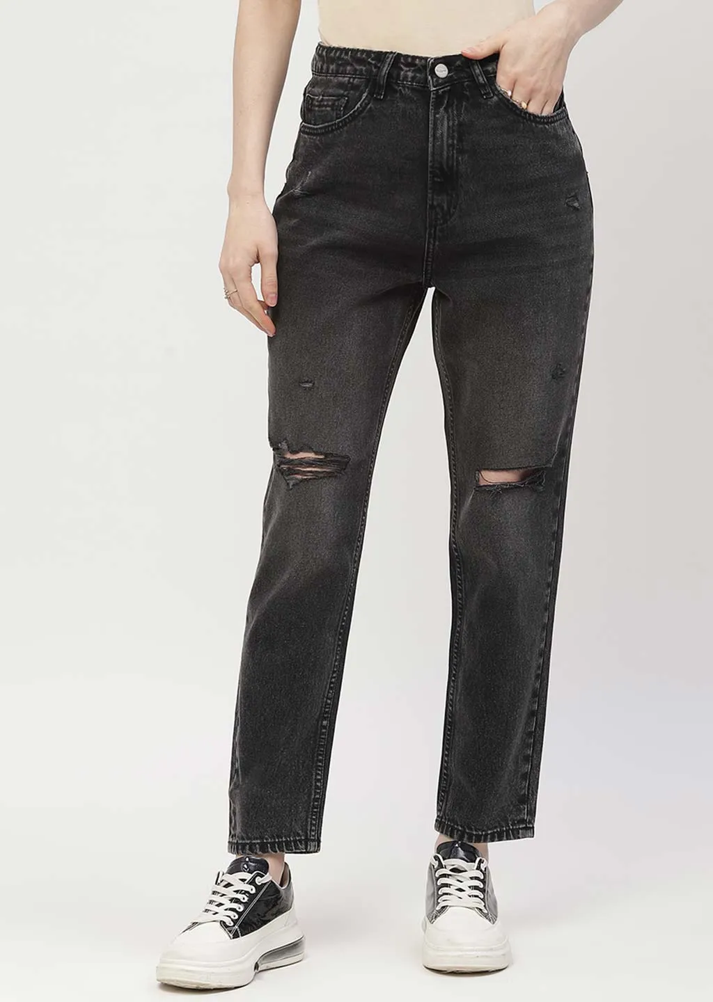Madame Distressed Black Mom Fit Jeans Comfy Waist Minimalist Trendy Everyday