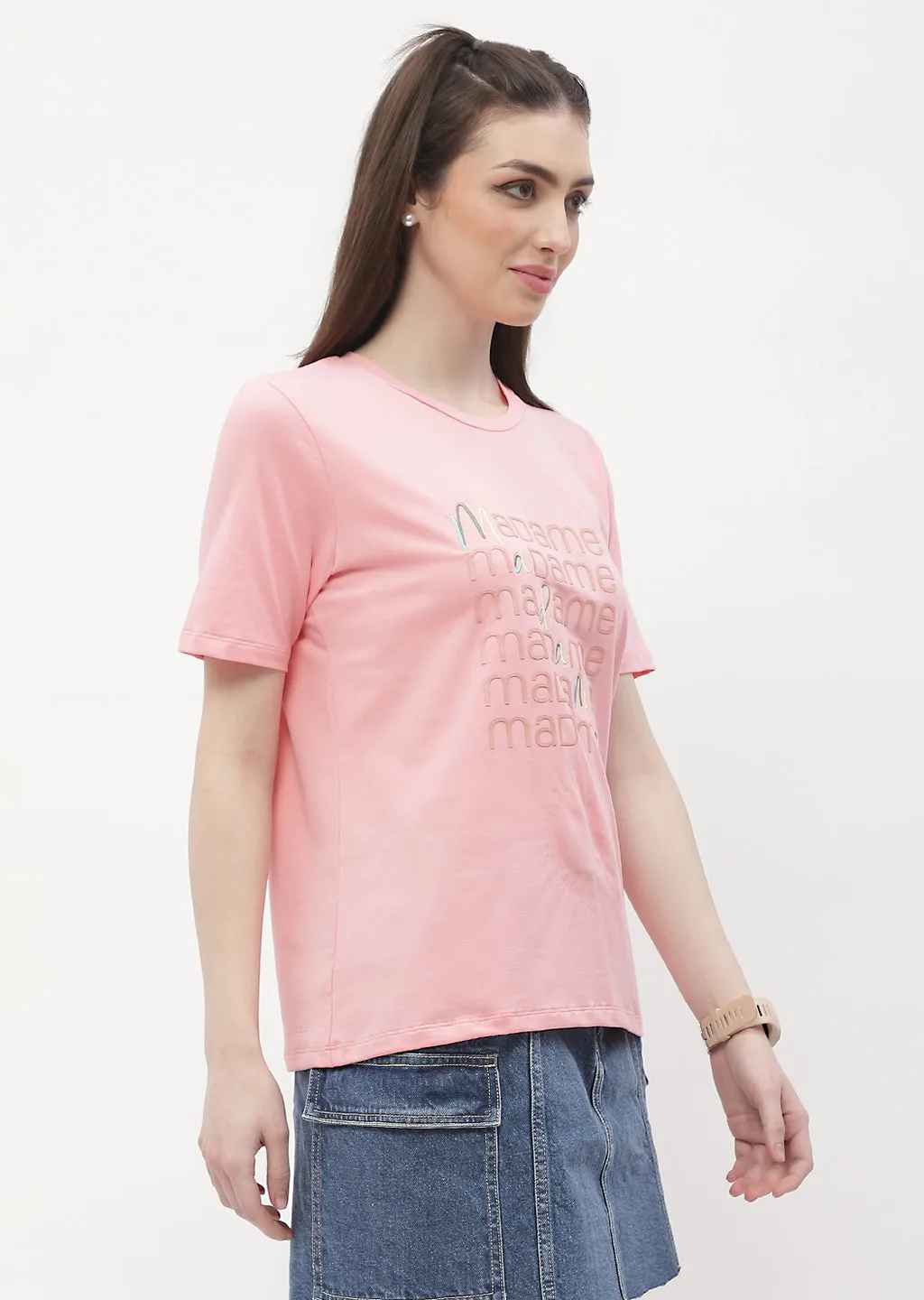 Madame Logo Print Pink Regular T-Shirt Fur combination