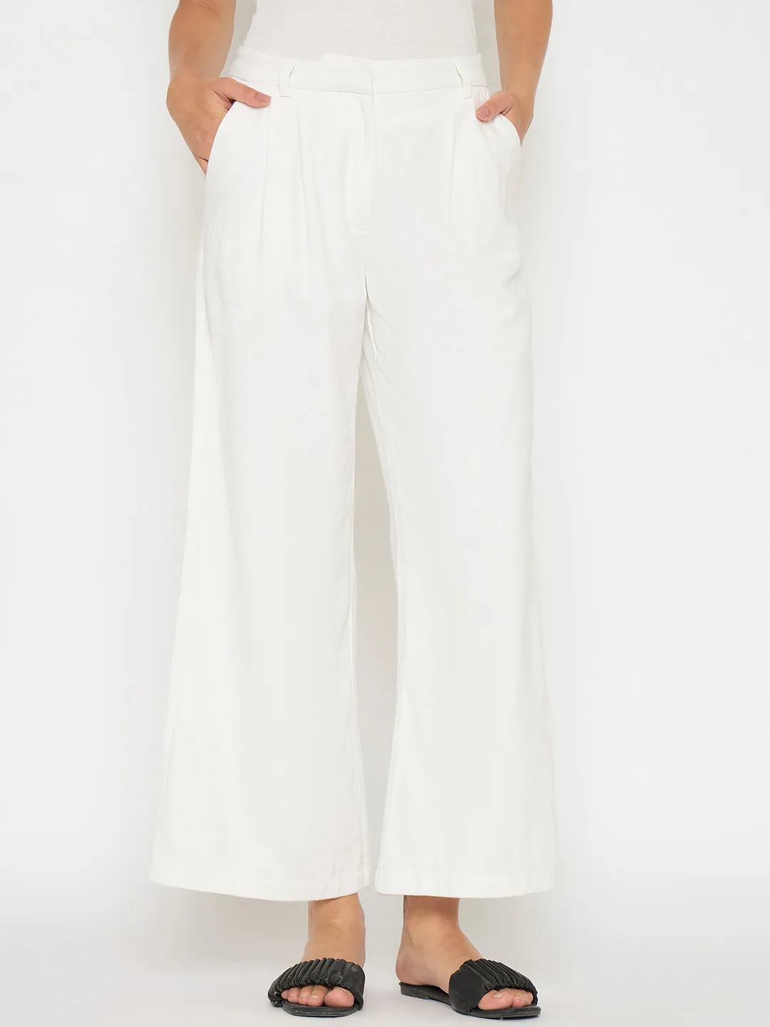 Madame Wide Leg White Rayon Blend Trousers BreathableMeshLining