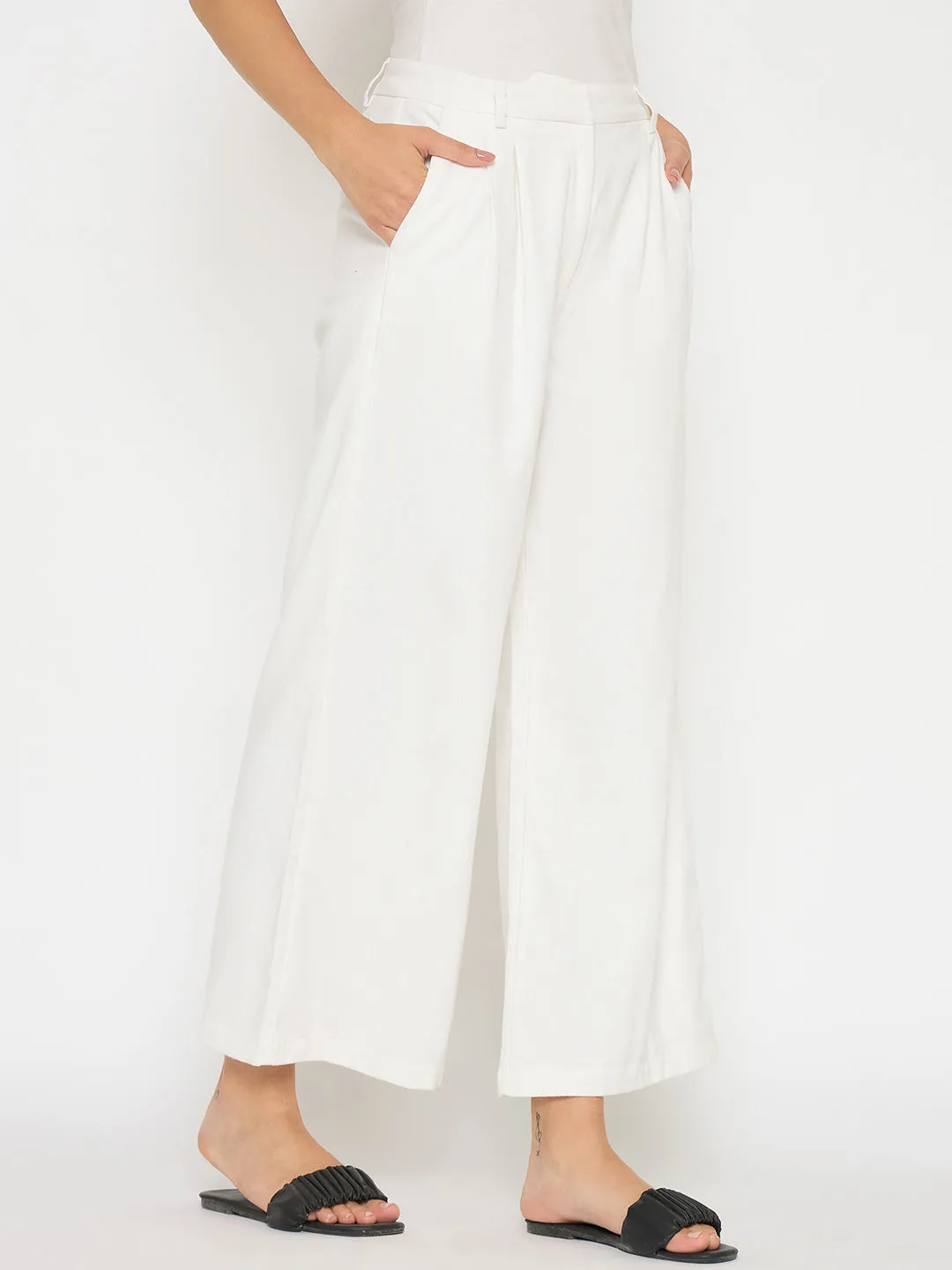 Madame Wide Leg White Rayon Blend Trousers Roomy Fit