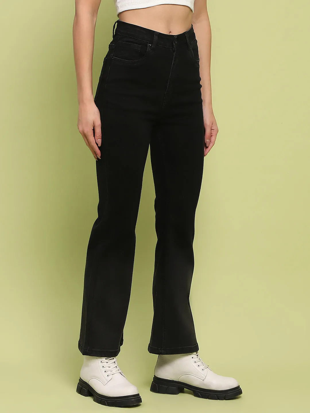 Street Fashion Trend Setter Holiday Vibes Core Layer Madame Cotton Blend Black Flared Denim Jeans