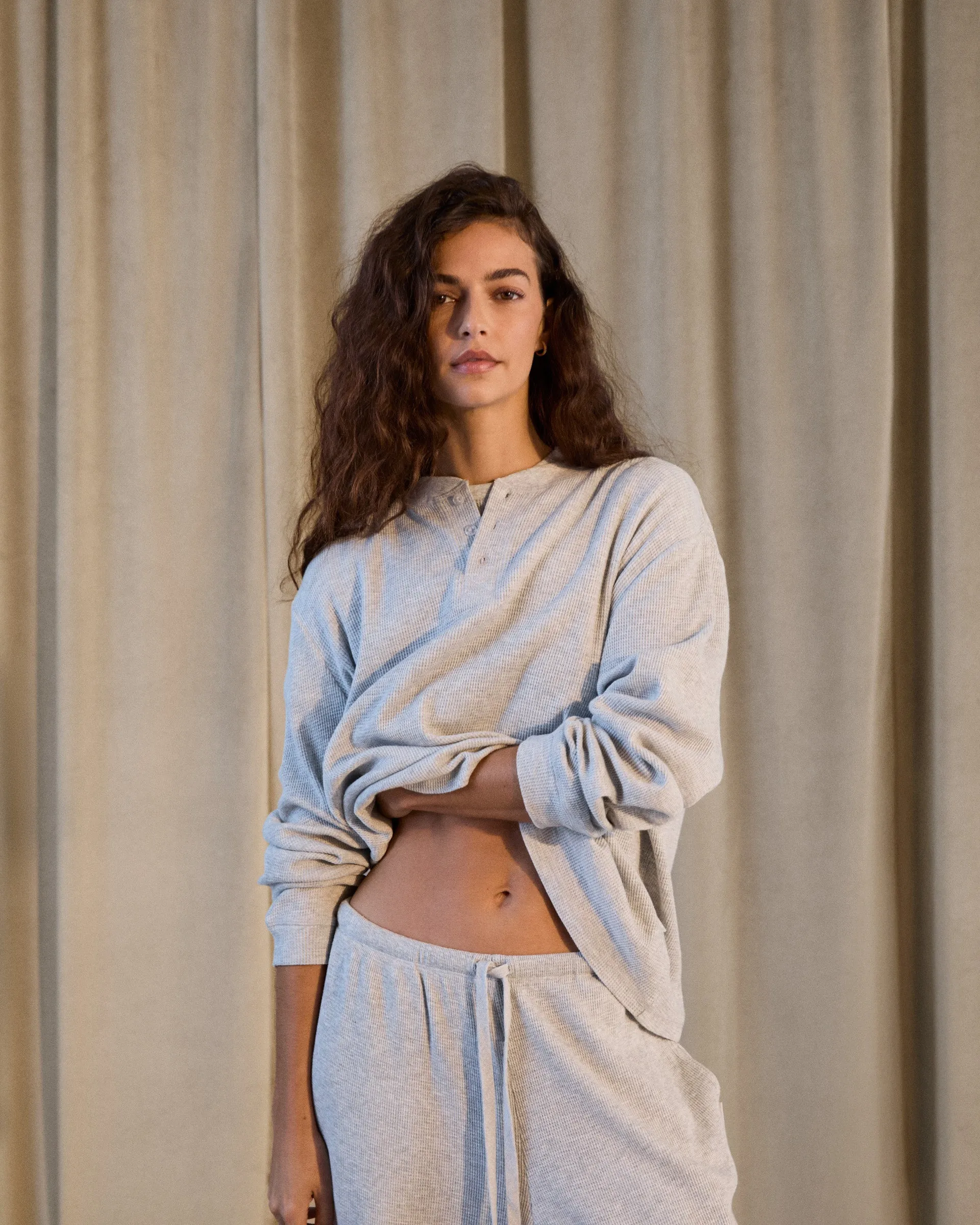 Casual Comfort Top Breezy Design Waffle Henley Long Sleeve T-shirt - Light Grey Melange