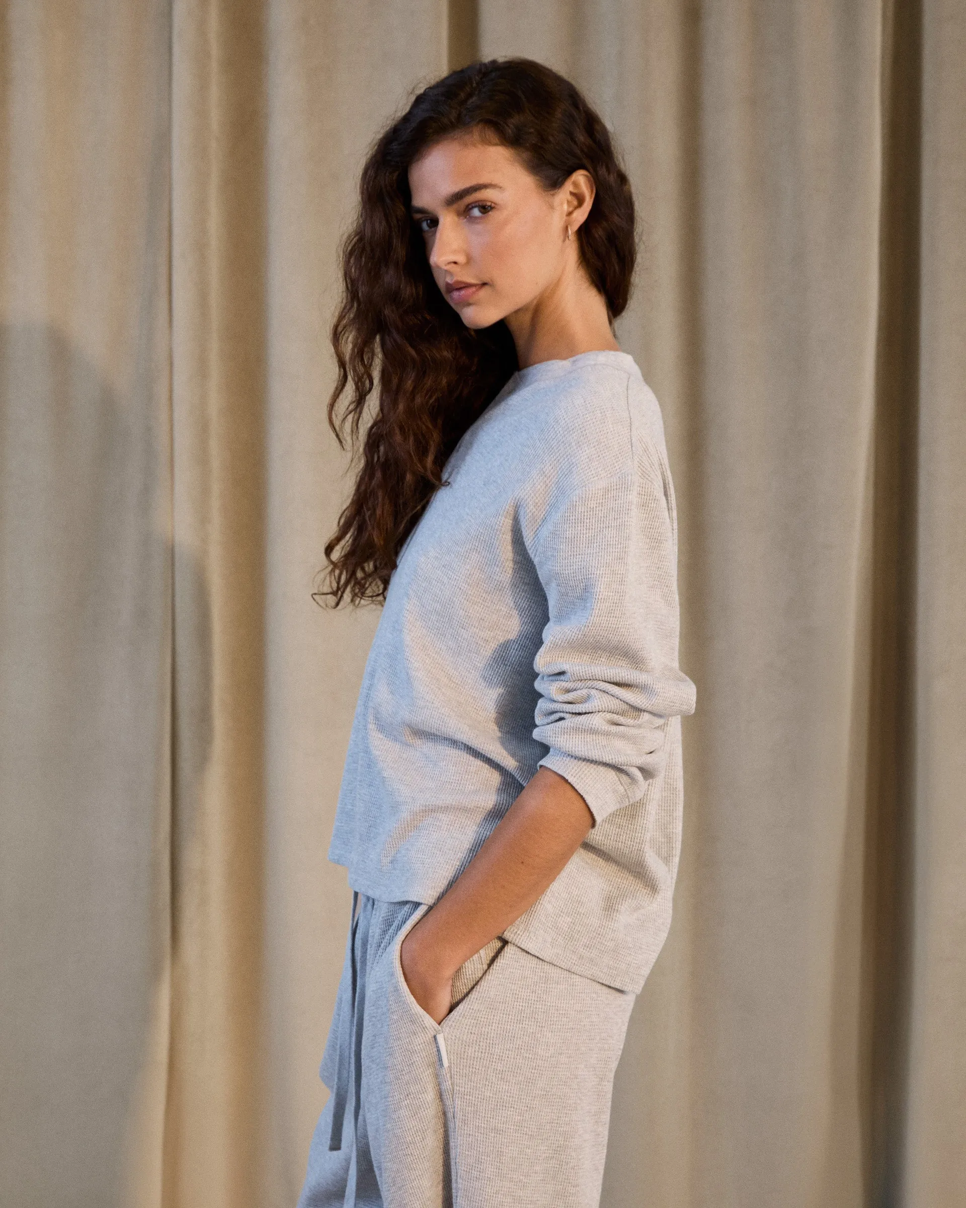 Essential Fashion Waffle Henley Long Sleeve T-shirt - Light Grey Melange