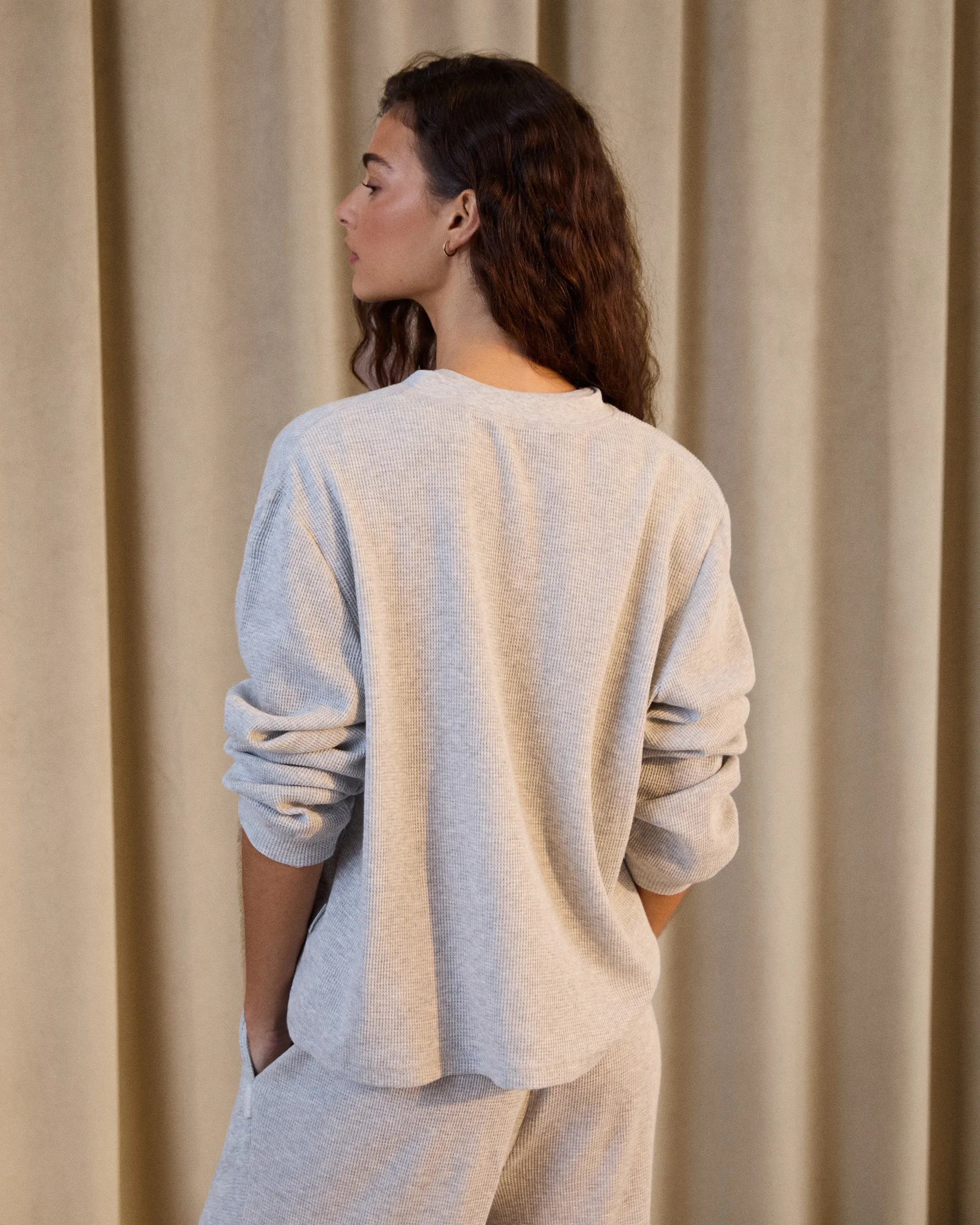 Cashmere combination Waffle Henley Long Sleeve T-shirt - Light Grey Melange