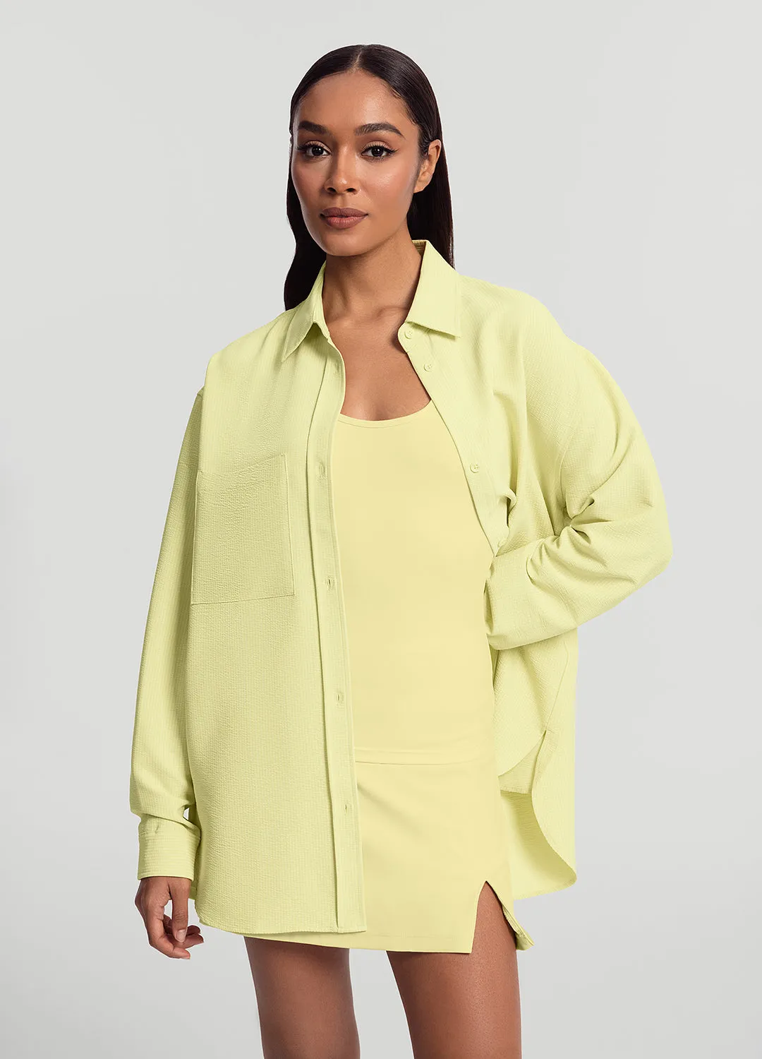 Textured Oversized Button-Up Shirt StretchFabric Cozy Waistband