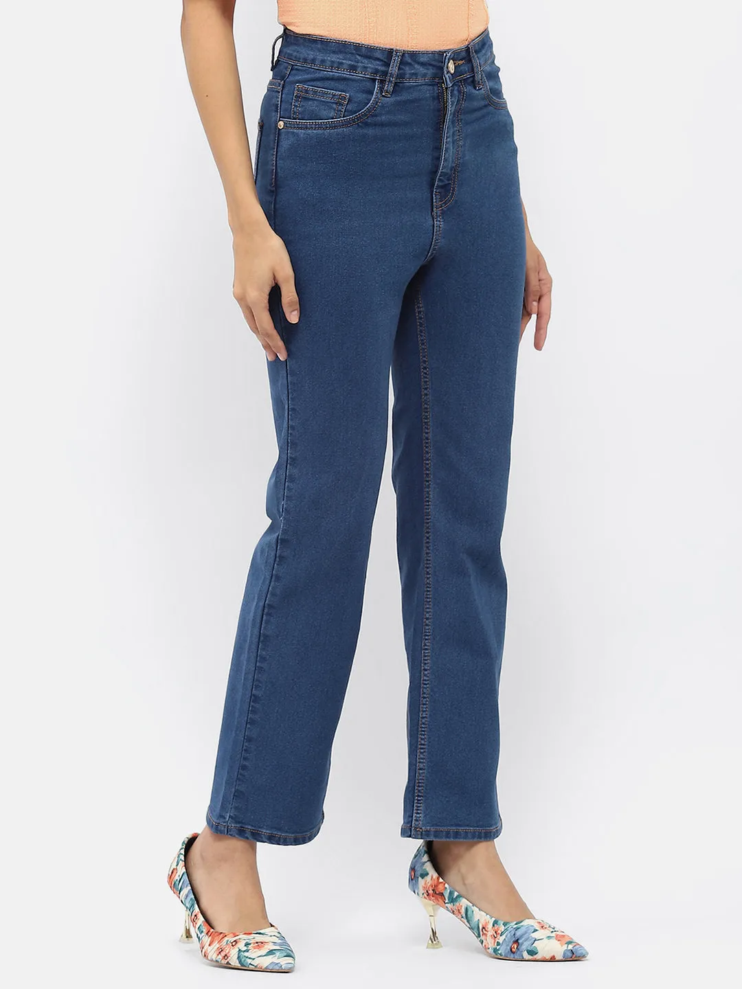 Comfortable Waist Traveler Gear Nature Lover Night Out Madame Solid Mid Blue Wide Leg Jeans