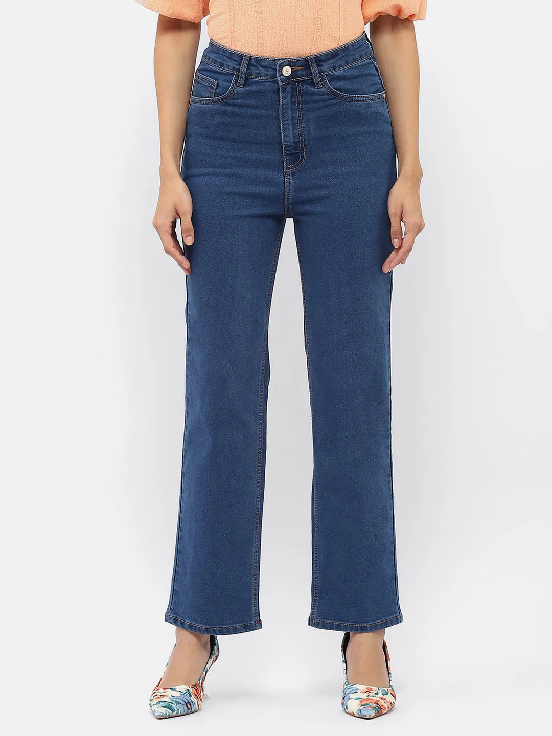 Madame Solid Mid Blue Wide Leg Jeans Riveted Stress Points