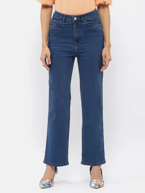 Madame Solid Mid Blue Wide Leg Jeans Riveted Stress Points