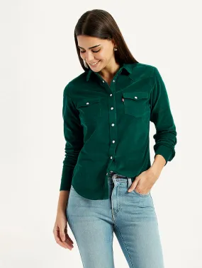 Minimalist Aesthetic Women's Textured Dark Green Spread Collar Shirt