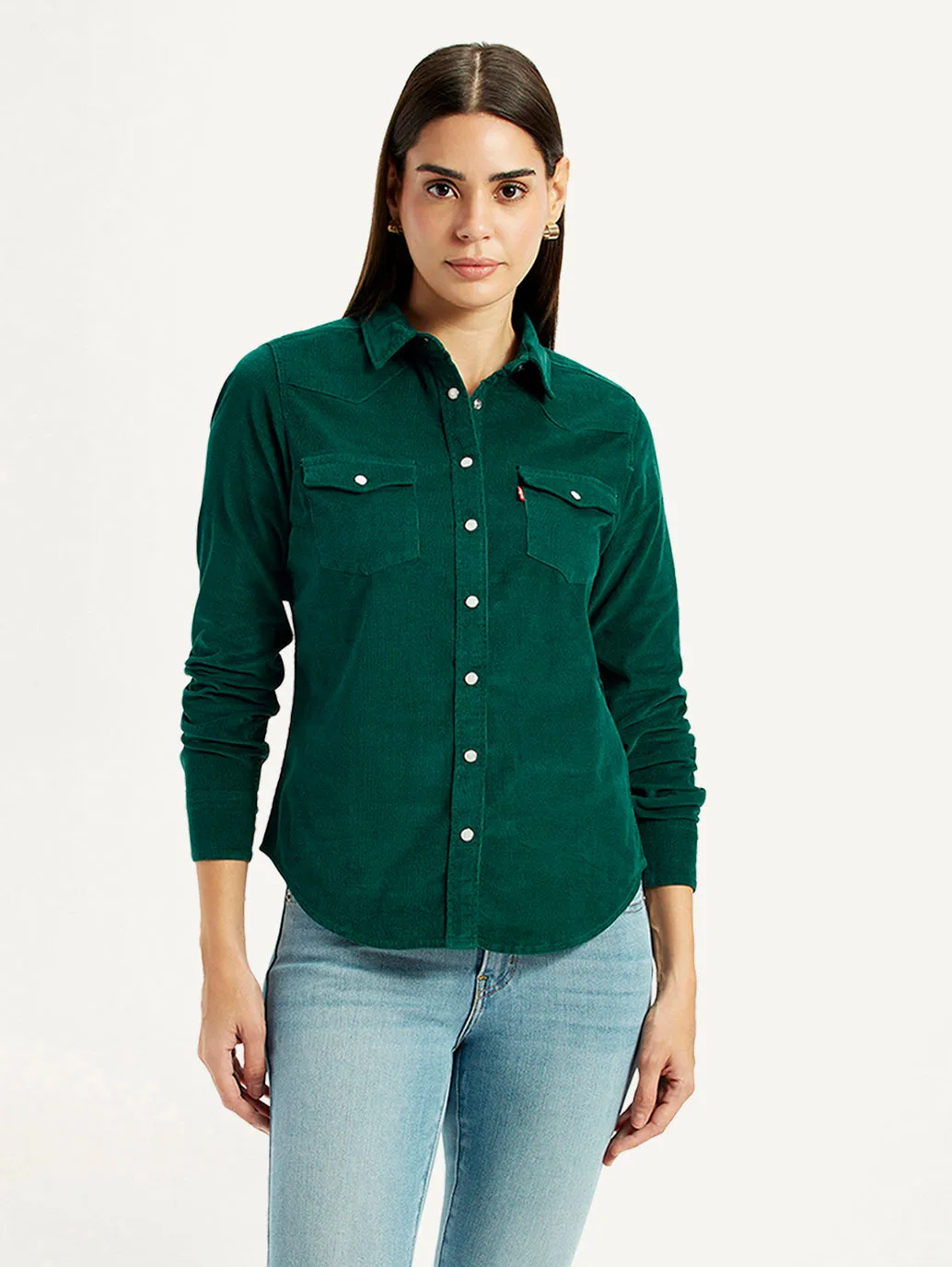 Women's Textured Dark Green Spread Collar Shirt Anti Static Lining All-Ages Fit