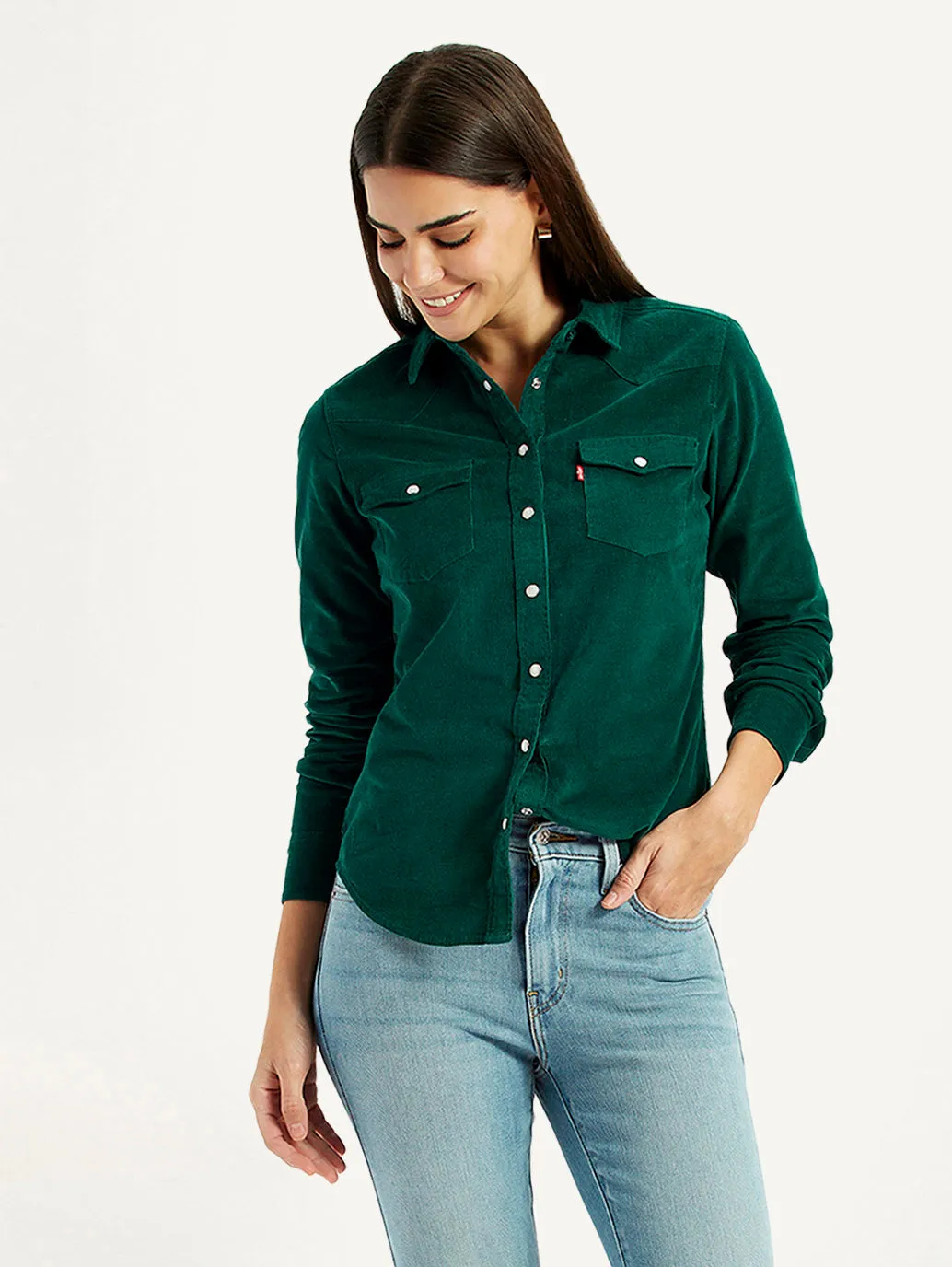 Minimalist Aesthetic Women's Textured Dark Green Spread Collar Shirt