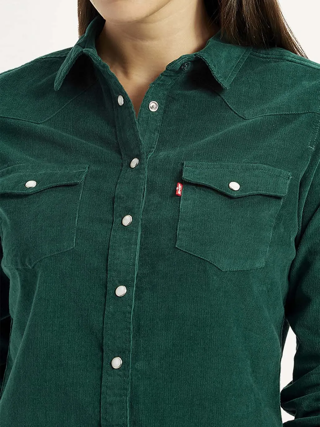 Anti Pill Technology Women's Textured Dark Green Spread Collar Shirt